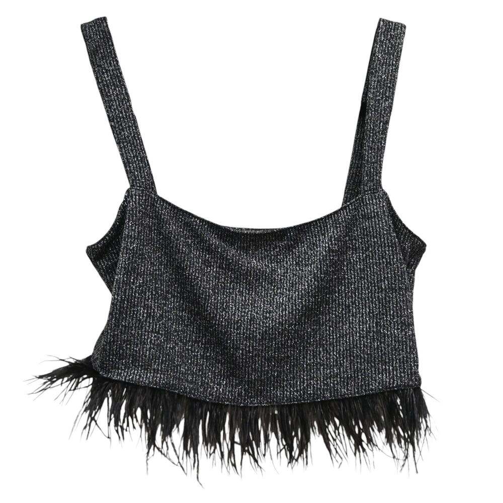 Saylor Tiggy Gunmetal Black Silver Glitter Feather Trim Crop Top Size S